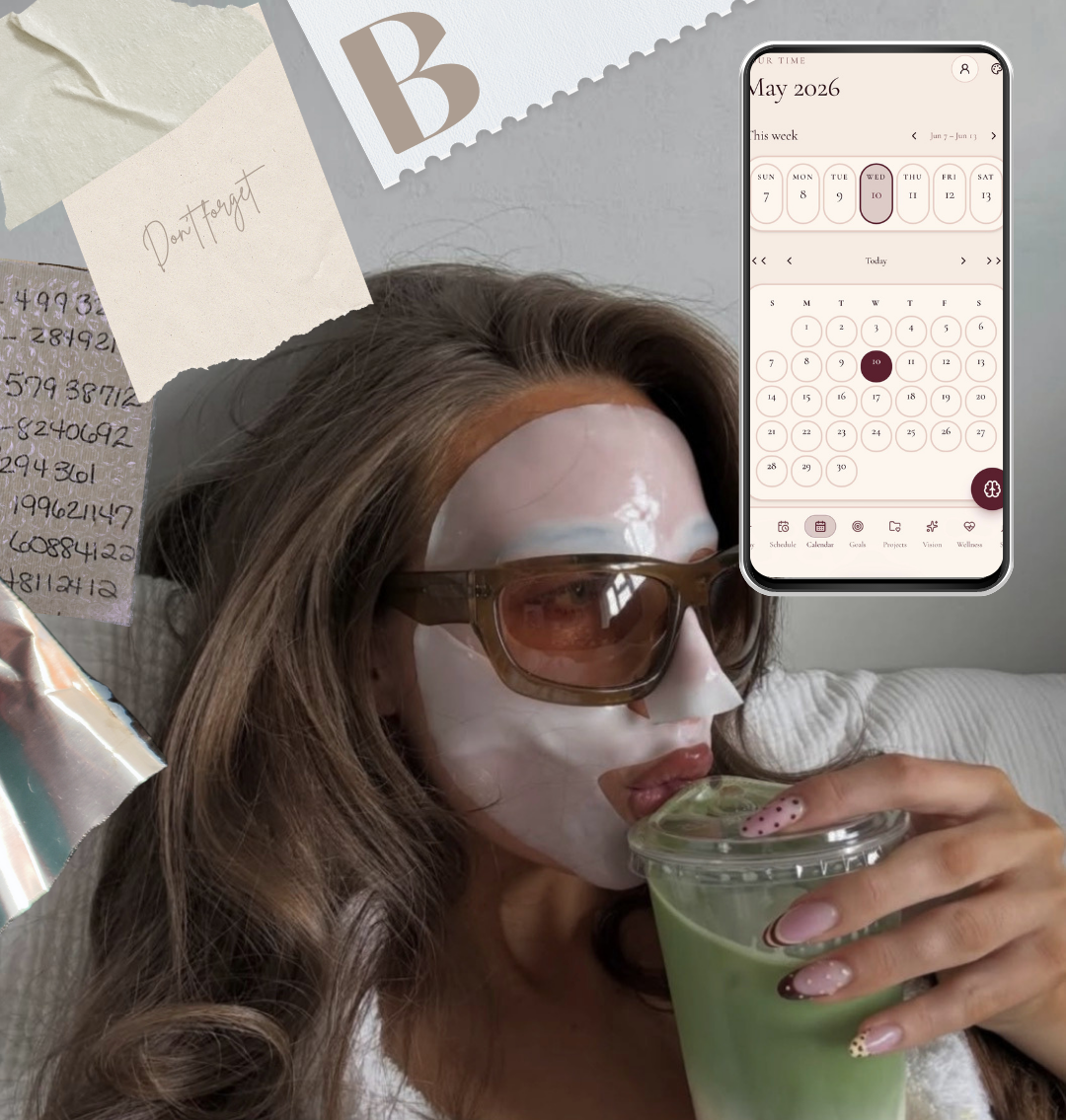Woman wearing a face mask and sunglasses, holding a green drink, with a calendar app on a phone displayed.